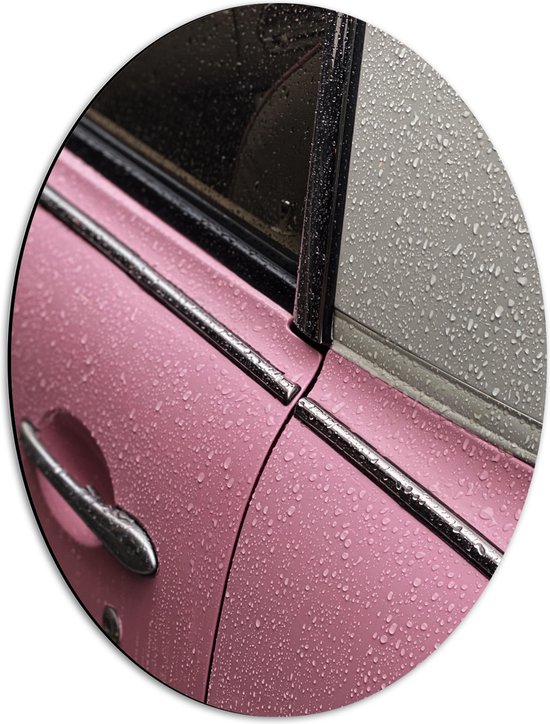 WallClassics - Dibond Ovaal - Close-up van Autodeur van Roze Auto - 42x56 cm Foto op Ovaal (Met Ophangsysteem)