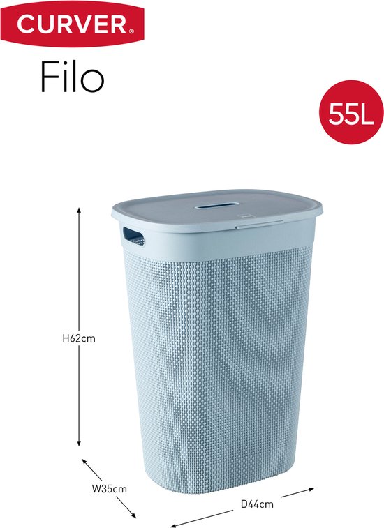Blauwe Curver Filo wasmand met deksel, 55 liter. Afmetingen: H62cm, B35cm, D44cm.