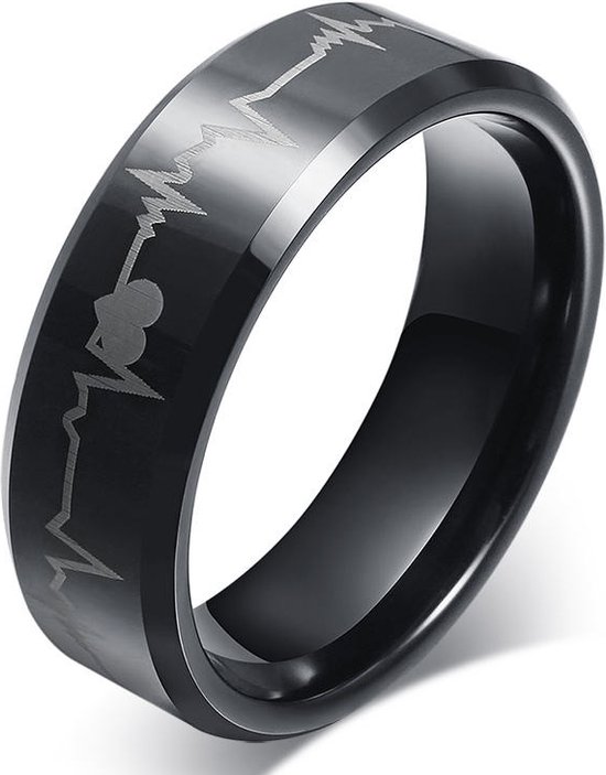 Zwarte Ring met Hartslag Patroon - ECG - Staal - Ringen Heren Manne Dames Vrouwen - Cadeau voor Man - Mannen Cadeautjes