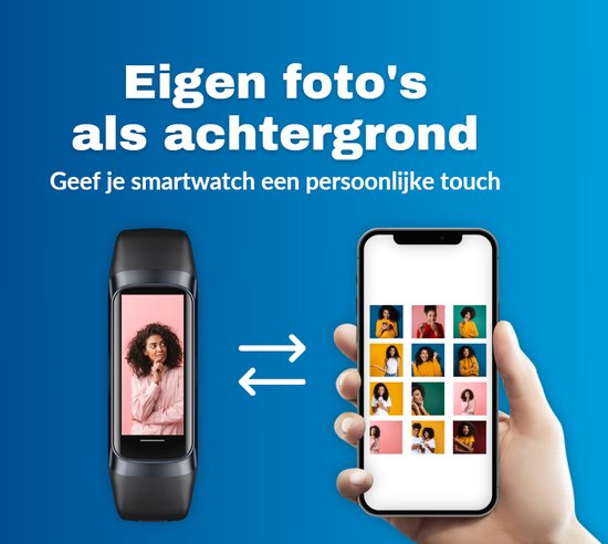 Zwarte activity tracker met foto van vrouw. Pijlen wijzen naar smartphone met fotoselectie. Eigen foto's als achtergrond.