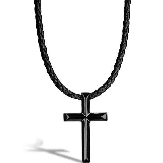 SERASAR Lederen Halsband Man [Cross] - Zwart 60cm - Cadeau voor Hem