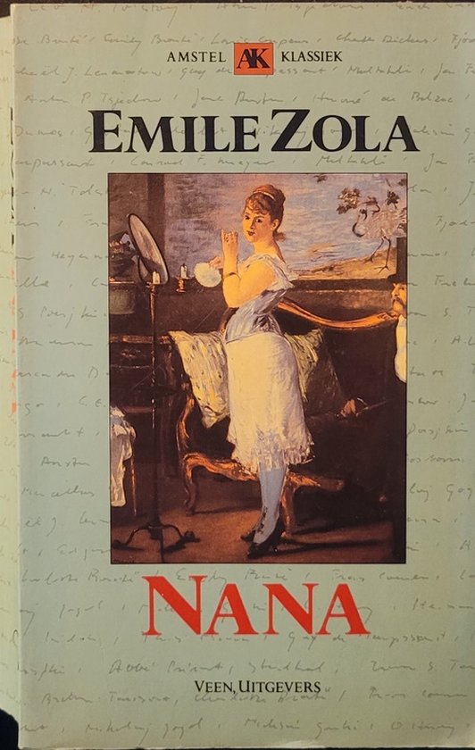 Livre 'Nana' d'Emile Zola. Une femme s'habille devant un miroir. Titre 'Nana' en lettres rouges.