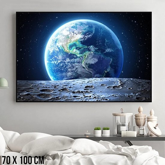 Allernieuwste.nl® Canvas Schilderij Onze Planeet Aarde Vanaf De Maan - Heelal - kleur - 70 x 100 cm