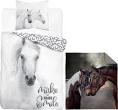 Dekbedovertrek wit Paard- 1 persoons- katoen- dubbelzijdig- "Smile" - dekbed Horse, incl. paarden deken- Bedsprei- 170x210.