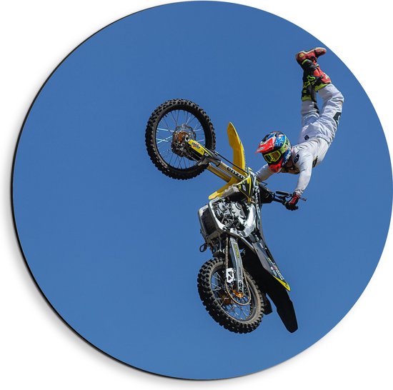 Foto: Wallclassics dibond muurcirkel freestyle motocross boven boom 40x40 cm foto op aluminium muurcirkel met ophangsysteem 