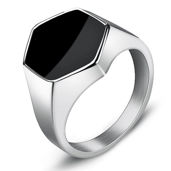 Zegelring Heren Zilver Kleurig met Zwarte Steen - Zeshoekig - Staal - Ring Ringen - Cadeau voor Man - Mannen Cadeautjes
