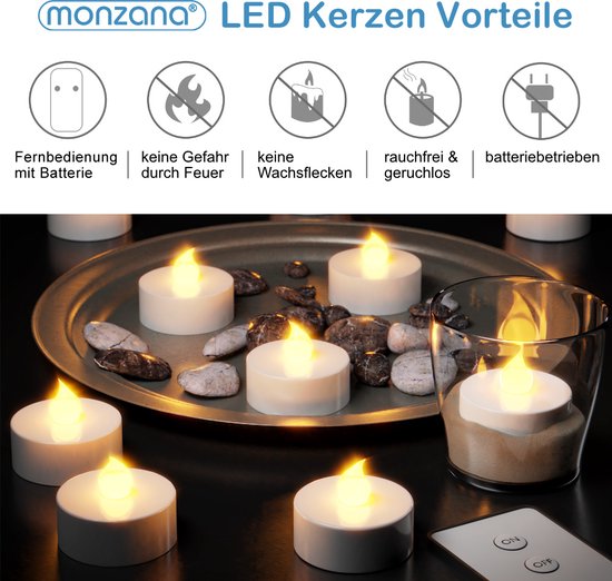 Monzana - 10 x flikkerende LED theelicht - warmwit - met afstandsbediening - Monzana