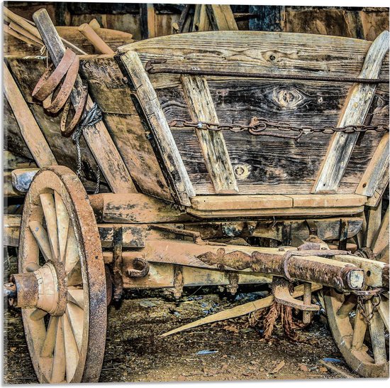 WallClassics - Verre Acrylique - Ancien Chariot en Bois pour la Ferme - Photo 50x50 cm sur Verre Acrylique (avec système de suspension)