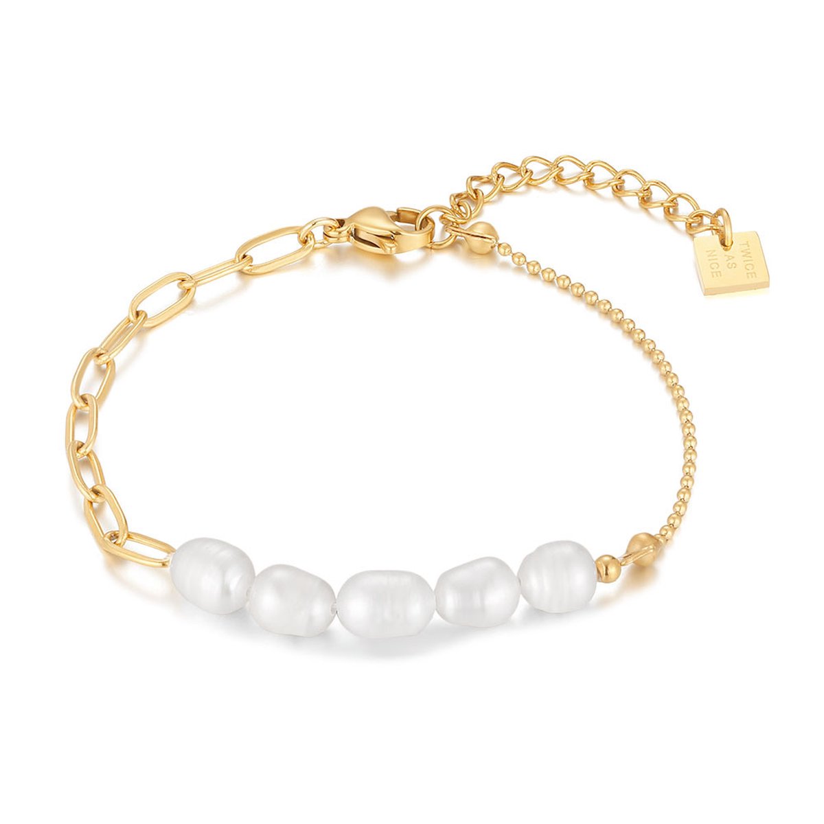 Twice As Nice Armband in goudkleurig edelstaal, ovale schakels, bolletjes, zoetwaterparels 16cm+3cm