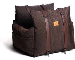 Dogs&Co® ROYAL+ Luxe Honden Autostoel Choco Quilt - met Opbergzakjes & hondenriem - Autostoel Hond - Hondenmand - Hondenkussen - Hondenbed - Honden