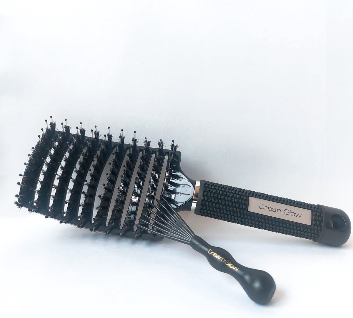 DreamGlow Bundel Anti-klit Haarborstel – Detangle Brush & Cleaner Brush – Zwart