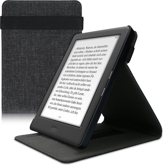 Liseuse Kobo Glo HD dans un étui en tissu gris foncé avec fonction support et une liseuse debout affichant du texte.