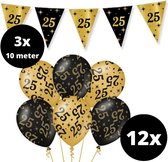 Verjaardag Versiering Pakket 25 jaar Zwart en Goud - Ballonnen Goud & Zwart (12 stuks) - Vlaggenlijn Goud Zwart 10 meter (3 stuks) - Vlaggenlijn gekleurd 25 jarige - Vlaggetjes Slinger Verjaardag 25 Birthday - Birthday Party Decoratie (25 Jaar)