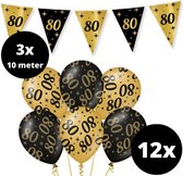 Verjaardag Versiering Pakket 80 jaar Zwart en Goud - Ballonnen Goud & Zwart (12 stuks) - Vlaggenlijn Goud Zwart 10 meter (3 stuks) - Vlaggenlijn gekleurd 80 jarige - Vlaggetjes Slinger Verjaardag 80 Birthday - Birthday Party Decoratie (80 Jaar)