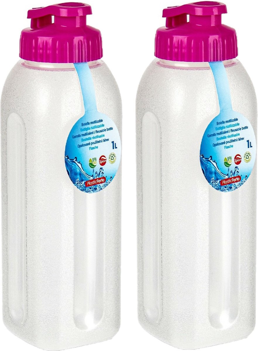 PlasticForte Waterfles/bidon - 2x - 1000 ml - transparant/roze - kunststof