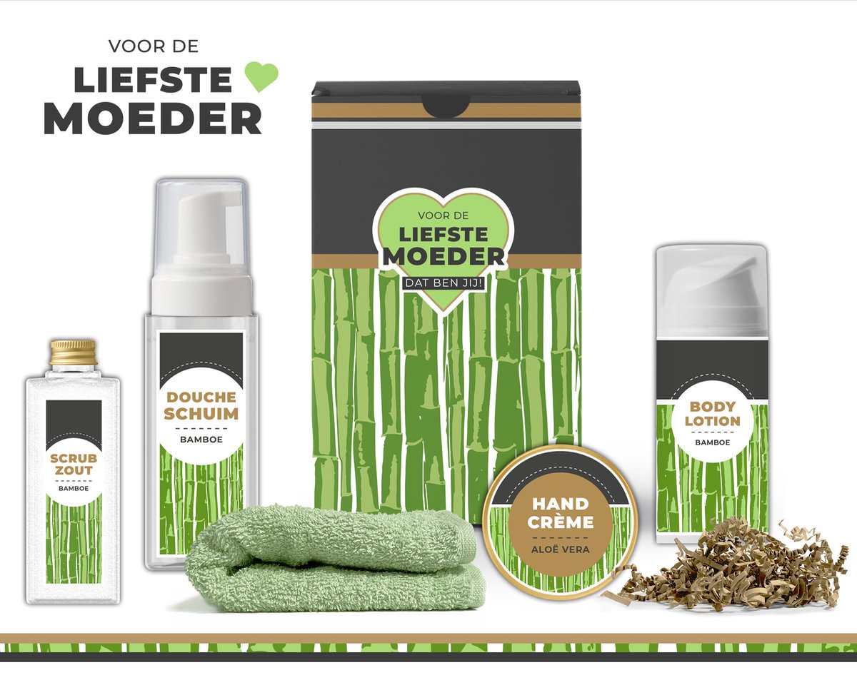 Goedkoopste Geschenkset Liefste moeder - 5 producten - 530 gram | Giftset voor haar - Cadeau vrouw - Verjaardag - Moederdag - Luxe Wellness - Moederdagcadeau Voor mama - Cadeaubox - Geschenk Set - Badkamer Pakket deluxe - Gift set - Cadeaupakket - Bamboe groen