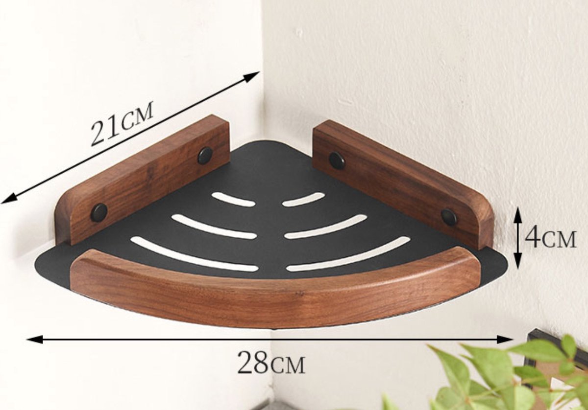 Sanisupreme Wand Hoekplank Doucheplank mat zwart walnoot rand 28 cm. RVS