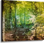Canvas - Stenen Trap in Bloeiend Groen Bos - 100x100 cm Foto op Canvas Schilderij (Wanddecoratie op Canvas)