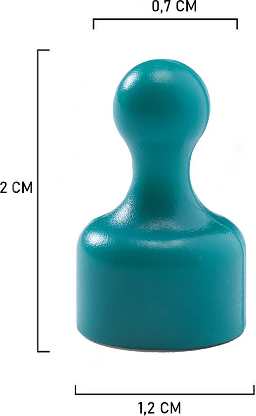 Turquoise pionvormige magneet met afmetingen aangegeven: hoogte 2 cm, breedte 0,7 cm, diameter onderkant 1,2 cm.