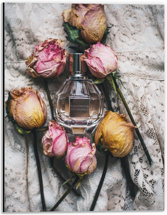 Dibond - Gedroogde Rozen om Chique Parfum Flesje - 30x40 cm Foto op Aluminium (Met Ophangsysteem)
