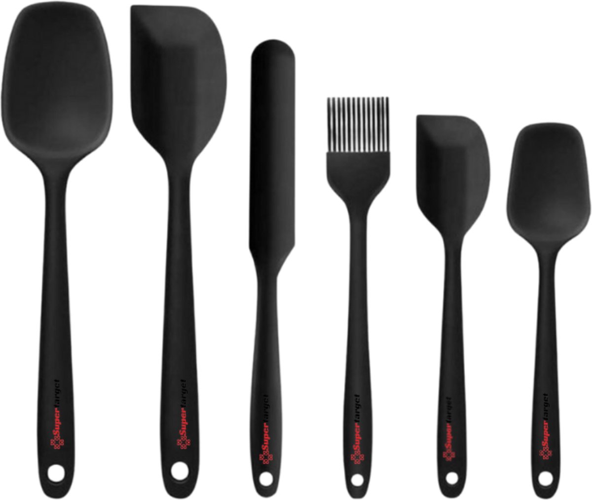 Supertarget Siliconen Spatel Set - 6x - Kunststof - Zwart - BPA free - Food Grade Siliconen - Anti-aanbak - Keukengerei - 6 stuks - Kwastje - Vaatwasser bestendig - hittebestendig - pottenlikker - pannenlikker