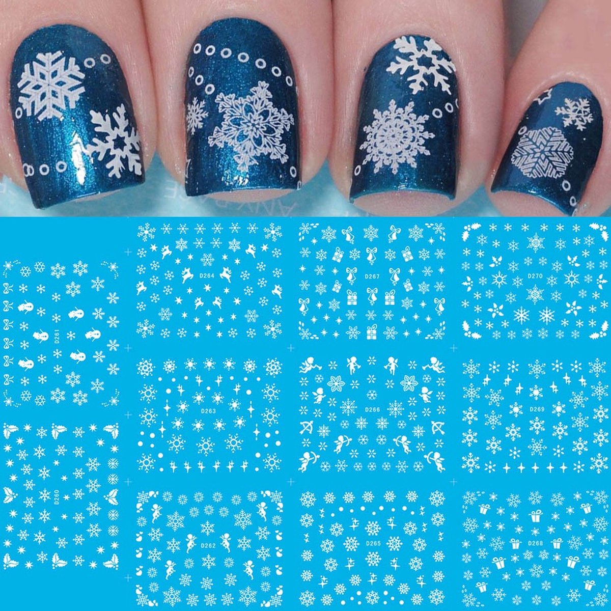 Goedkoopste 12 Stuks Nagelstickers – Sneeuwvlokken – Nail Art Stickers – Set van 12 nagelstickers – Sneeuwvlokken designs – nail art en decoratie – Gemakkelijk aan te brengen – thuis en salons – Winterse nagelstickers