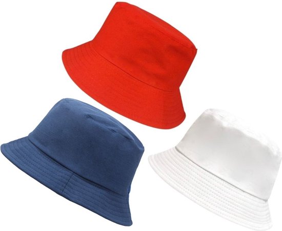 3-Set Bucket Hats ASTRADAVI - Vissershoedje - Zonnehoedje - 100% Katoenen Emmer Hoeden voor Dames & Heren. Marineblauw, Wit, Rood (3 Stuks)