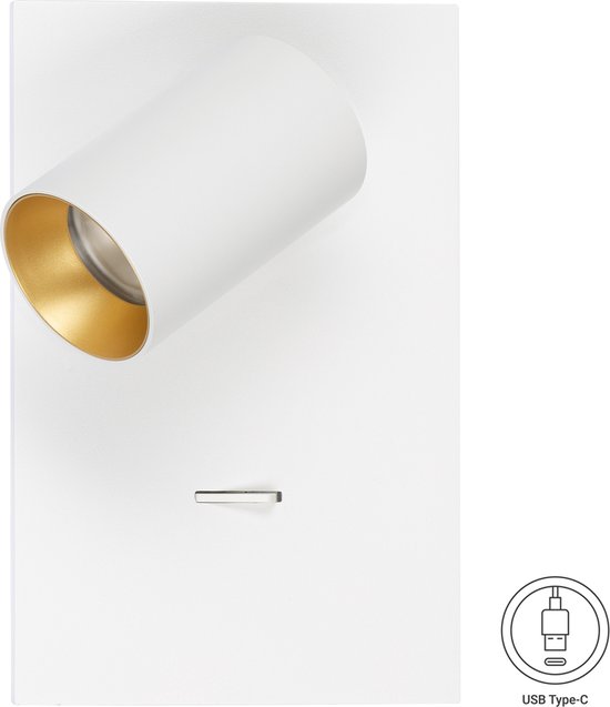 Spot mural blanc avec intérieur doré et un port USB Type-C.