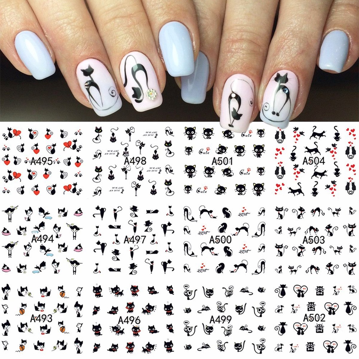 Goedkoopste 12 Stuks Nagelstickers – Zwart – Katten – Nail Art Stickers – Set van 12 nagelstickers – Zwarte katten designs – nail art – Gemakkelijk aan te brengen – thuis en salons – Stijlvolle en trendy stickers