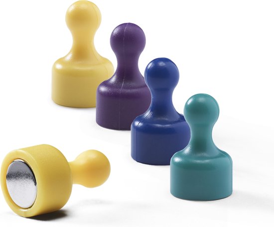 Vier pionvormige magneten in geel, paars, blauw en groen, met een liggende gele magneet.