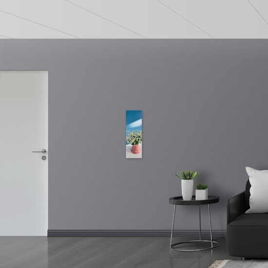 Muursticker - Boeket van Madeliefjes in Roze Vaasje met Witte Stippen - 20x60 cm Foto op Muursticker