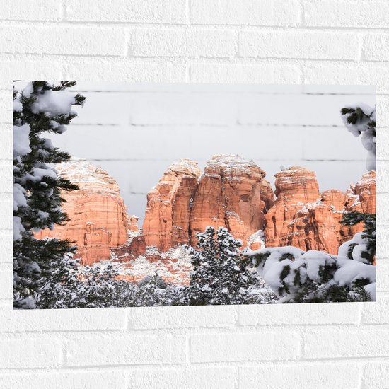 WallClassics - Muursticker - Bruingekleurde Rotsen in Wit Sneeuwlandschap - 75x50 cm Foto op Muursticker
