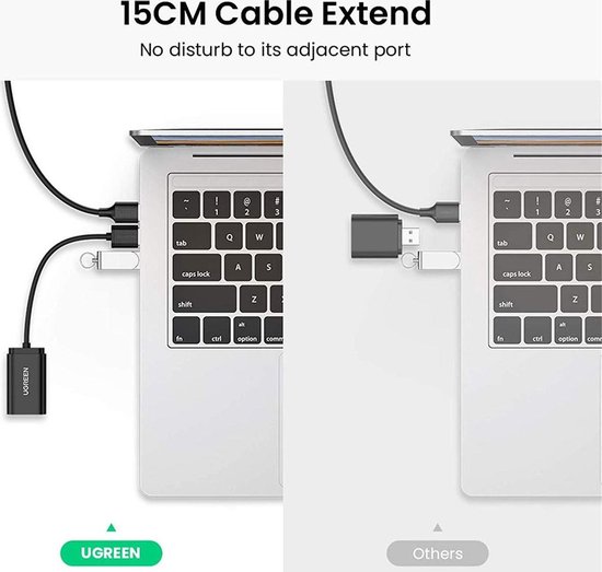Twee Ugreen adapters, één zwart en één grijs, aangesloten op een laptop. De zwarte is 15cm langer dan de grijze.