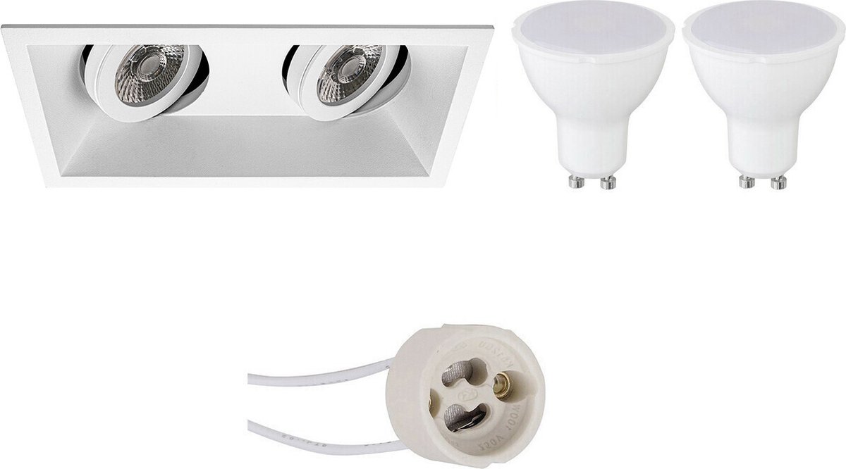 GU10 Inbouwspot Set - Mat Wit - Inbouw Rechthoek Dubbel - Kantelbaar - Proma Zano Pro - 4W - Warm Wit 3000K - 185x93mm