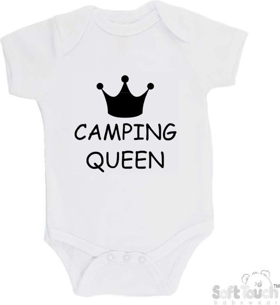 100% Katoenen Romper "Camping Queen" Unisex Katoen Wit/zwart Maat 62/68