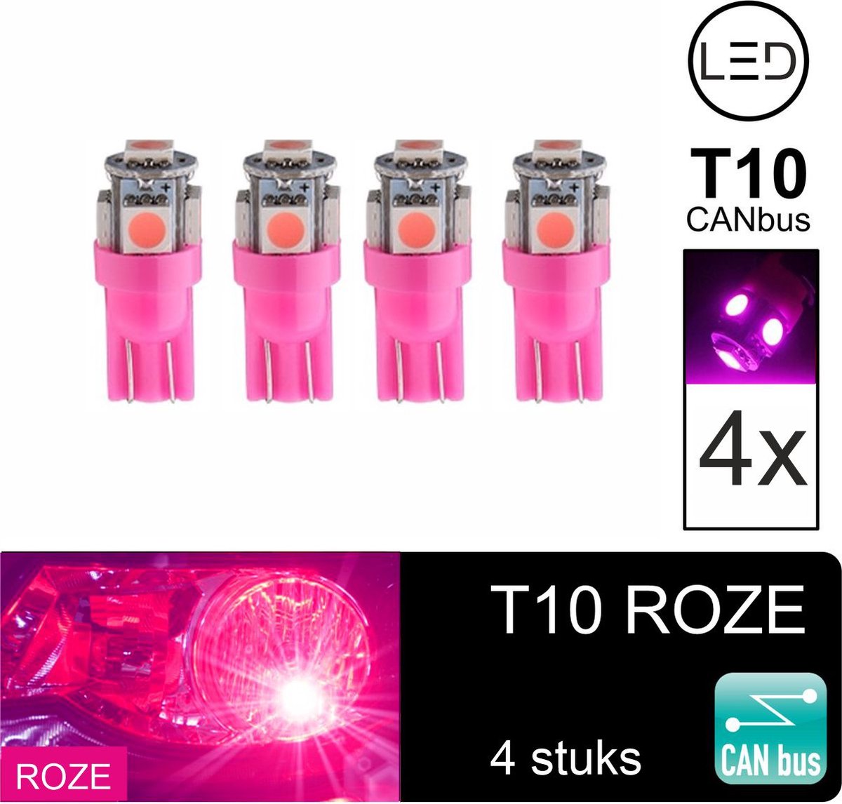 4x T10 Led Lamp Roze Canbus 5W5, W5W, 5 LED, ROZE, Led Signal Light, 12V, 168