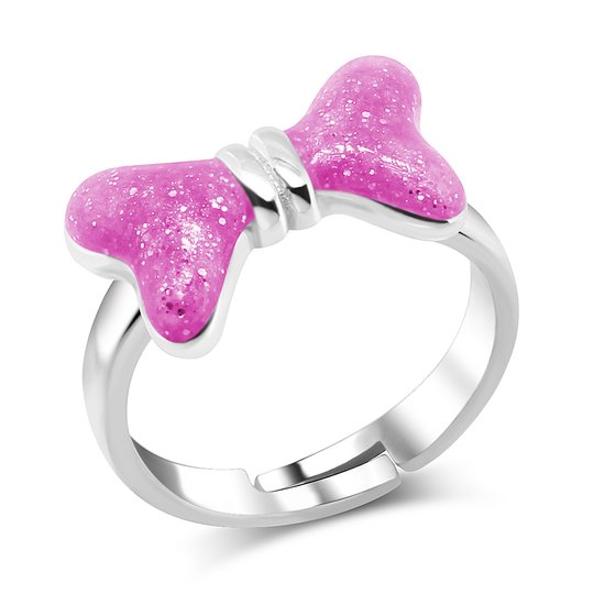 Joy|S - Zilveren strik ring - verstelbaar - roze glitter strikje - voor kinderen