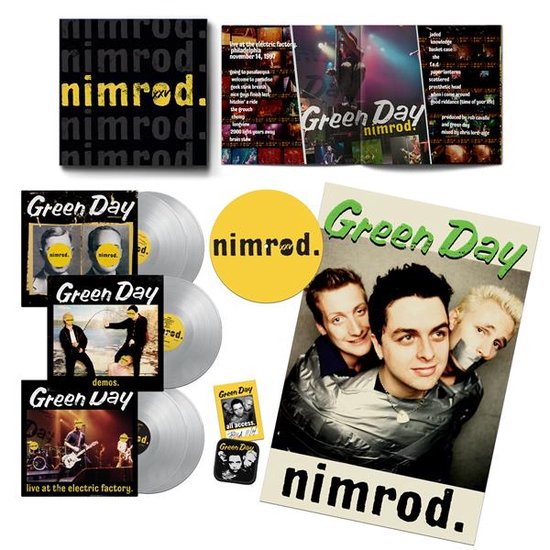 Nimrod album set van Green Day met vinylplaten, posters en stickers.
