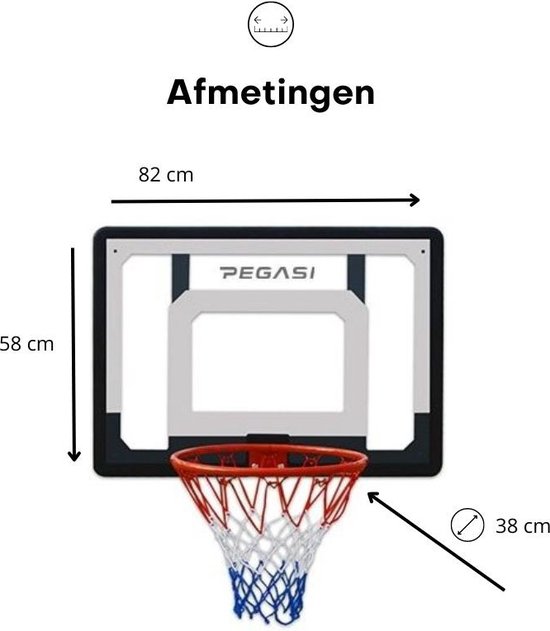 Pegasi Basketbalbord buiten en binnen met basketbalring met net - 82 x 58 cm - Incl. beugels en muurbevestiging - PEGASI
