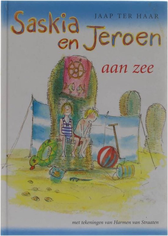 Boekcover: 'Saskia en Jeroen aan zee' met tekening van twee kinderen op het strand bij een strandtent.