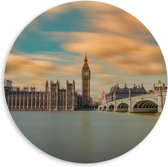 WallClassics - PVC Schuimplaat Muurcirkel - Big Ben aan het Water - Londen - 60x60 cm Foto op Muurcirkel (met ophangsysteem)