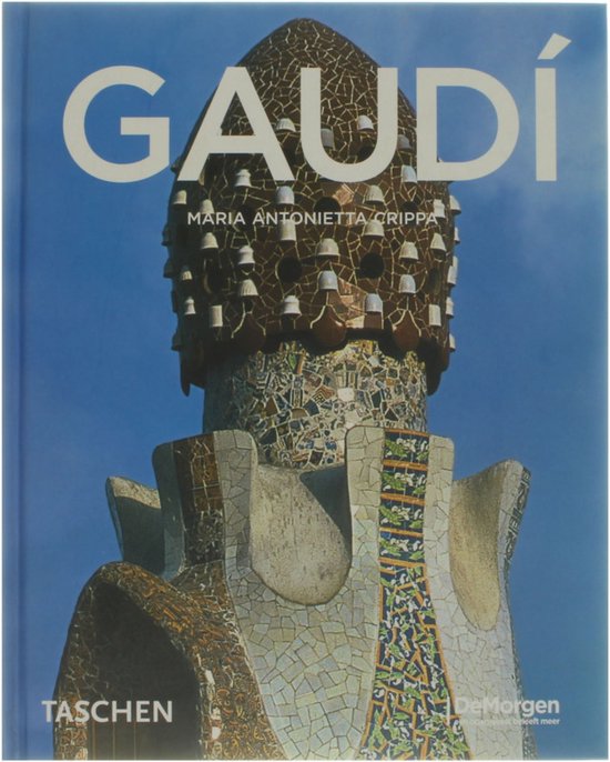 Boekomslag van Gaudí door Maria Antonietta Crippa, met een mozaïektoren van het Park Güell tegen een blauwe lucht.