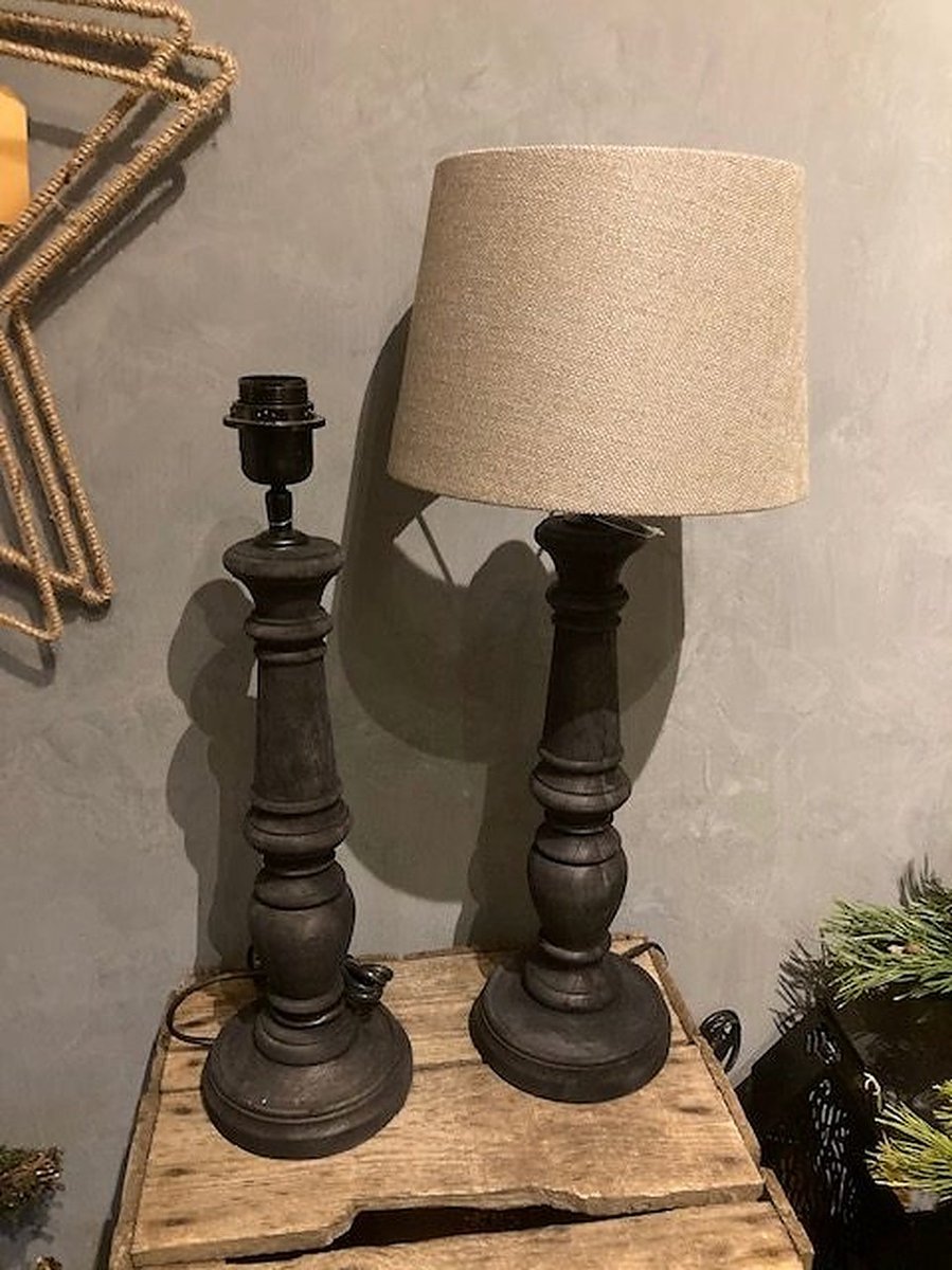 Lamp - Stoer en Sober - Landelijk - Tafellamp - zwart - hout - rond - baluster