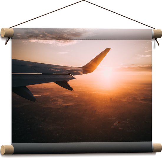 WallClassics - Affiche textile - Aile d'avion avec coucher de soleil - 40x30 cm Photo sur textile