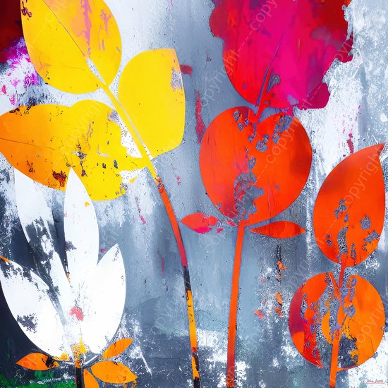 JJ-Art (Canvas) 60x60 | Bladeren herfst van bloemen en bomen - abstract - kunst - woonkamer slaapkamer | plant, blauw, grijs, rood, oranje, geel, vierkant, modern | Foto-Schilderij print wanddecoratie | KIES JE MAAT
