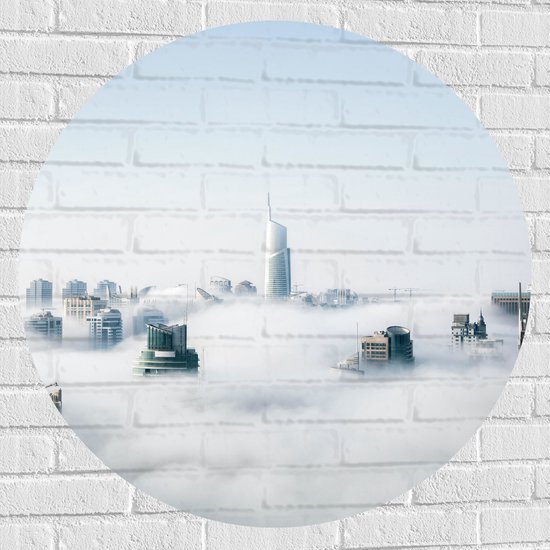Muursticker Cirkel - Wolkenkrabbers boven de Wolken in Stad - 90x90 cm Foto op Muursticker