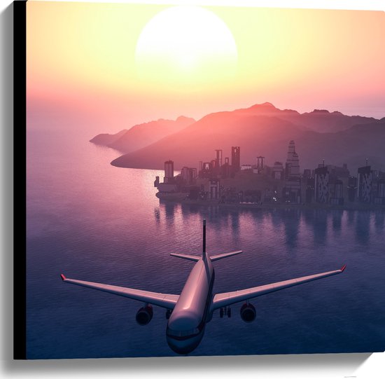 WallClassics - Canvas - Vliegtuig met Zonsondergang boven de Zee - 60x60 cm Foto op Canvas Schilderij (Wanddecoratie op Canvas)