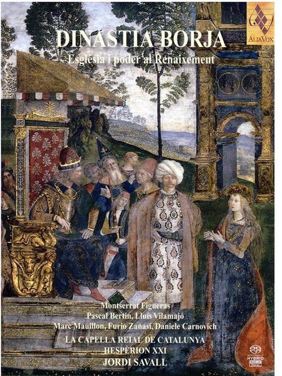 DINASTIA BORJA, Eglesia i poder al Renaixement. Drie figuren in historische kledij met landschap op de achtergrond. Tekst van het album.