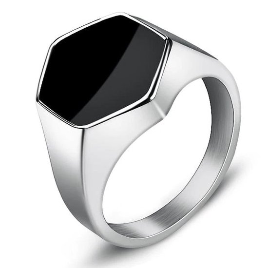 Chevalière pour homme argentée avec pierre noire – Hexagonal – Acier – Bague Bagues – Cadeau pour homme – Cadeaux Masculins