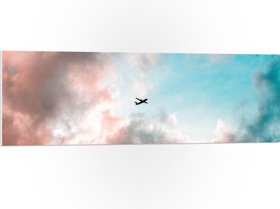 WallClassics - PVC Schuimplaat - Vliegtuigje in Pastelluchr=t - 120x40 cm Foto op PVC Schuimplaat (Met Ophangsysteem)